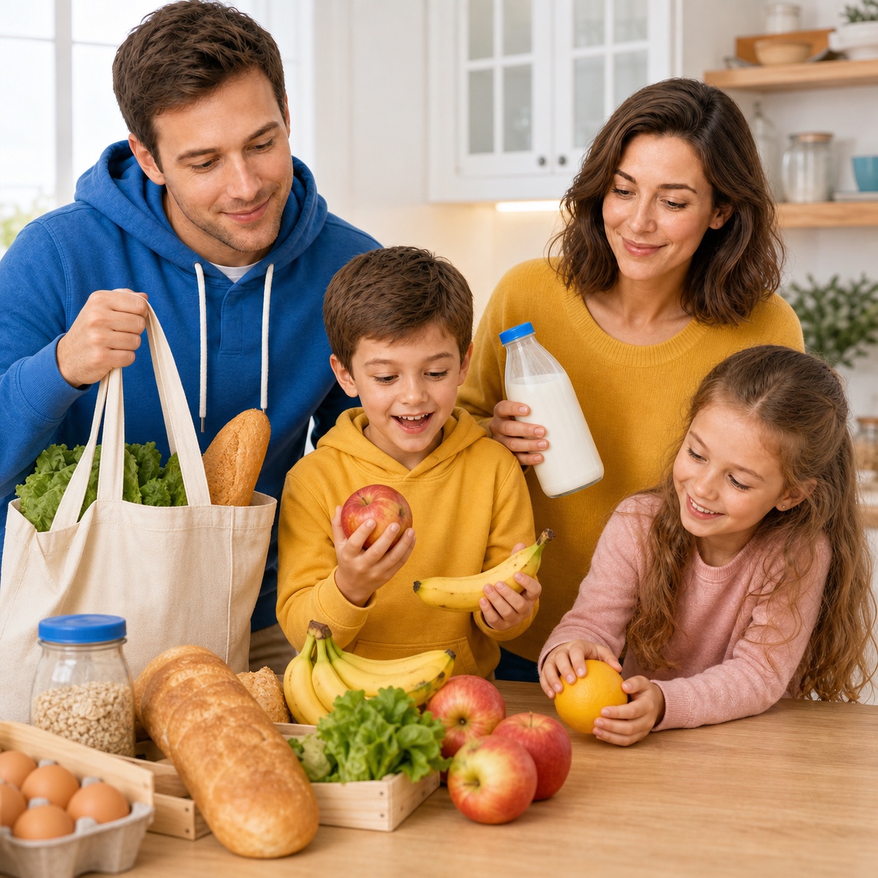 Аналия, Антон и дети собирают продукты дома перед походом в магазин